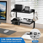 GarveeLife 1PC Adjustable 2-Tier Clamp-On Desk Shelf, Black Metal Over-the-Table Desk Organizer, Double-Layer Desk Storage Rack with Headphone Hooks for Home & Office - Image 7
