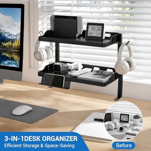 GarveeLife 1PC Adjustable 2-Tier Clamp-On Desk Shelf, Black Metal Over-the-Table Desk Organizer, Double-Layer Desk Storage Rack with Headphone Hooks for Home & Office - Image 7