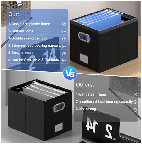 File Organizer Box - File Boxes for Hanging Files with Lid Set of 4 Decorative Hanging Folders Organizer with One-Piece Plastic Frame Slides (Black, 13.2 * 10.1 * 10.1in(4Pack)) - Image 2