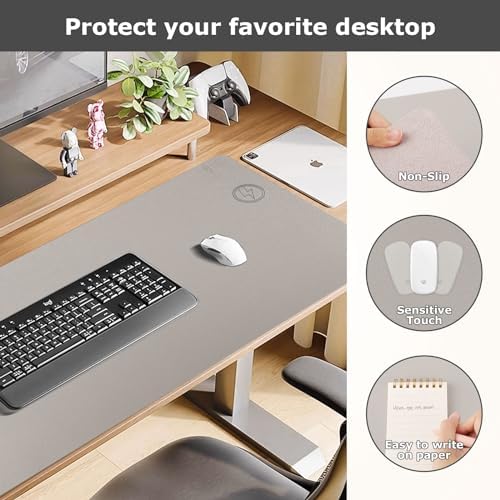 Wireless Charging Mouse Pad Firelison 2 in 1 Leather Multifunctional Office Desk Pad with Non-Slip Rubber Base, Waterproof Desk pad for Computers/Office/Work/Home/Decor（ 32" x 16"Grey - R） - Image 3