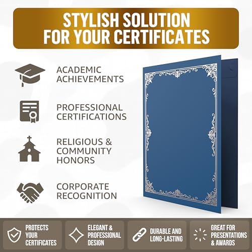 50 Pack Double Sided Certificate Holders 8.5x11 Blue - Heavyweight 300gsm Cardstock Diploma Holder - Dual Certificate Folder Letter Size Award Certificate for Graduation with Silver Foil Diploma Cover - Image 2