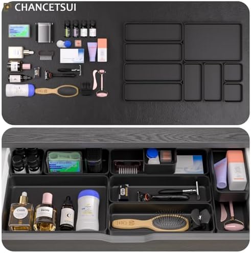 Black Bathroom Drawer Organizer Trays: 9 PC Stackable Desk Organizers Bin - Image 4
