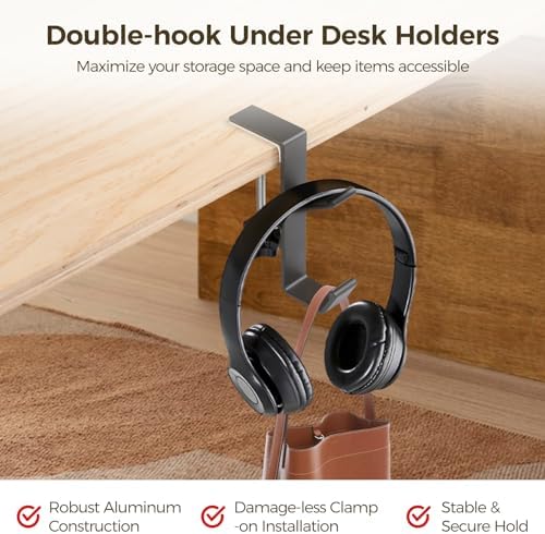 Double-Hook Design, Clamp-On Under Desk Holders, 6 Pcs Desk Mount Bag Holders, Clip-On Backpack Headphone Hangers for Tables, Portable Desk Purse Hooks, Gray - Image 3