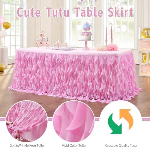 leegleri 9ft Baby Pink Tutu Table Skirt Tulle Table Skirt for Rectangle&Round Tables,Tutu Ruffle Tablecloth for Princess Girls 1st Baby Girl Birthday Party,Baby Shower Decoration,Gender Reveal - Image 3