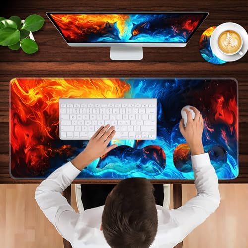 Keyboard Wrist Rest and Mouse Pad with Wrist Support Set Ergonomic Coaster,Memory Foam,Easy Typing Pain Relief,Large XL Desk Mat 31.5"x 11.8",Ice Wolf and Fire Wolf - Image 4