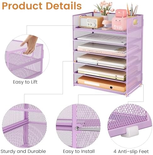 Subekyu 6-Tier Desk Paper Organizer, Desktop File Letter Tray with Handle, Document Sorter and Accessories Holder for Office, Home and School Workspace Organizers, Purple-2 Pack - Image 5
