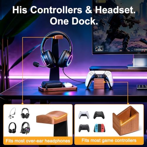 Solid Wood Metal Headphone Stand with Modular Controller Holder for Desk - Image 4