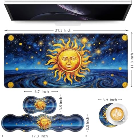 Keyboard Mouse Pad Set, Extended Gaming Mouse Pad+Ergonomics Keyboard Wrist Rest Support, Memory Foam, Easy Typing Pain Relief, 4Pcs XL Ultra Thick Desk Mat,Sun Face Painting - Image 6