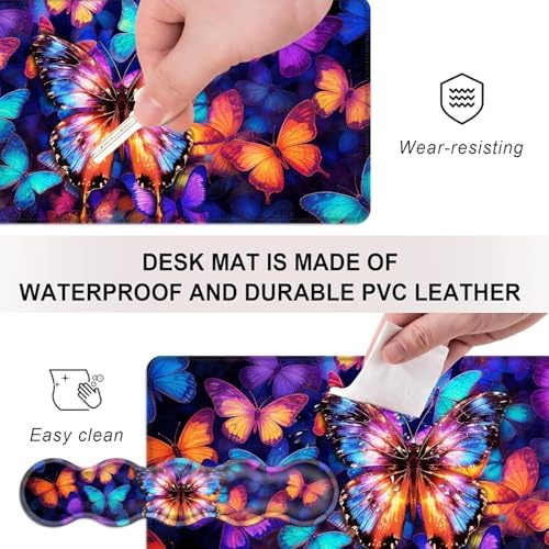Mouse Pad,Large Desk Mat Set, 4in1 XL Mousepad + Keyboard Wrist Rest+Mouse Wrist Rest+Coaster with Ergonomic Desk Pad for Home Office Table Computer Cover -Colorful Butterfly - Image 3