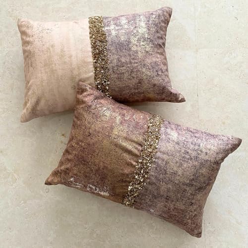 The HomeCentric Decorative Lumbar Pillow Cover Rust & Gold, 12"x22" (30x55 cm) Velvet Gold Foil, Sequins Embroidered, Handmade Lumbar Cushion Covers Abstract Modern - Shimmering Corrosion - Image 5
