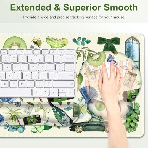 Mouse Pad, 4 in1 Large Desk Mat, Desk Pad Matt for Desktop, Anti-Slip XXL Big Computer Ergonomic Mousepad with Wrist Support for Keyboard and Mouse for Women I Green Theme Stickers - Image 4
