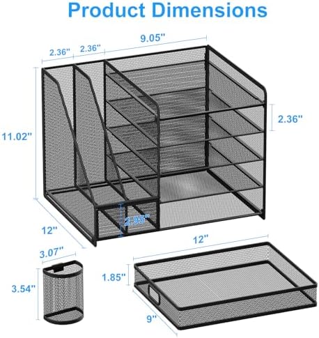 Lavatino Desk Organizer with File Holder, 5-Tier Paper Letter Tray Organizer with Sliding Drawer and 2 Pen Holder, Mesh Desktop File Organizer for Office Supplies (Black) - Image 6