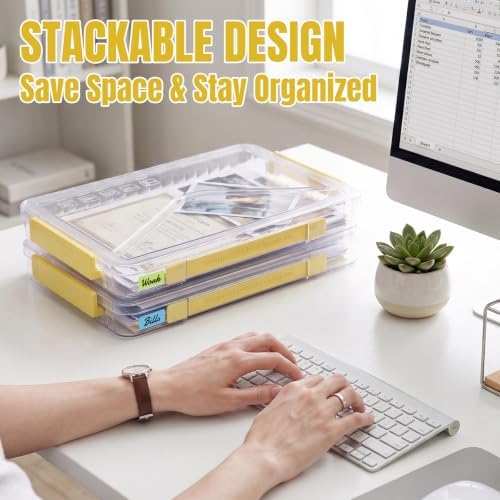 Clear Document Box, Portable A4 Paper Storage Organizer with Snap Latches, Stackable File Case for Certificates Photos Letter Size, Magazine Protector, 14.37" x 9.44" x 1.37" (2 Pack), Yellow - Image 5