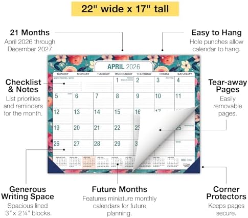 Desk PAD: 22" x 17" Large Print Desk Pad Calendar, APR 2026 - DEC 2027, 21 Months, (Teal Floral) - Image 2