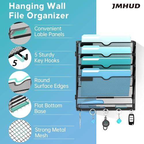 MHUD 5-Tier Wall File Organizer and Mail Organizer with 5 Hooks, 2 Pack - Image 3