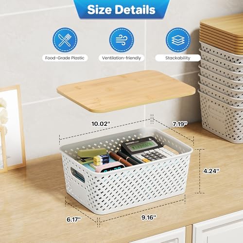 Anysig 8 Pack Plastic Storage Bins with Bamboo Lids, 5.2 QT Stackable Bins - Image 2