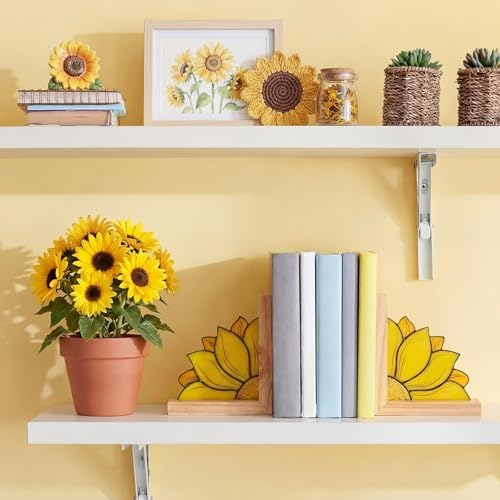 Maitys Sunflower Bookends Oak Base, Yellow for Desk Shelves - Image 6