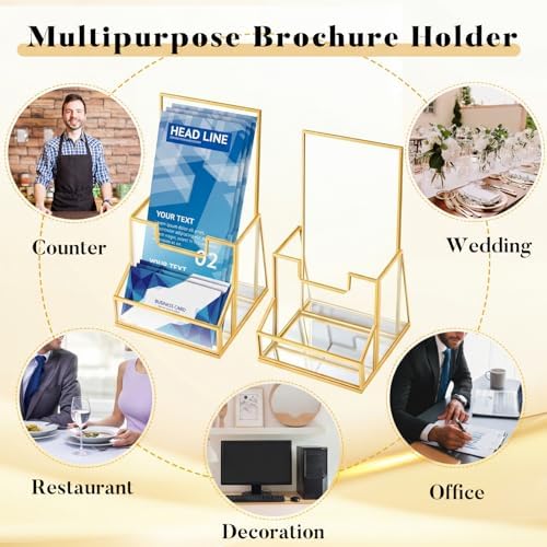 Fuyoooo 2 Pcs 4 Inches Gold Glass Brochure Holder Countertop Literature Trifold Pamphlet Stand with Business Name Card Holder Flyer Brochure Display for Magazine, Booklets, Menu, Journals Display - Image 6