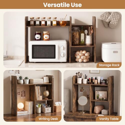 Tangkula Extendable Desktop Bookshelf, Dorm Desk Hutch, Rustic Brown - Image 4