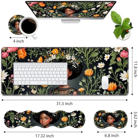 4 in 1 Ergonomic Memory Foam Mouse Pad Wrist Rest Set, Large XXL Gaming Desk Pad + Keyboard Wrist Rest + Mouse Wrist Cushion + Coaster for Home Office Study Gaming, African American Black Girl - Image 2
