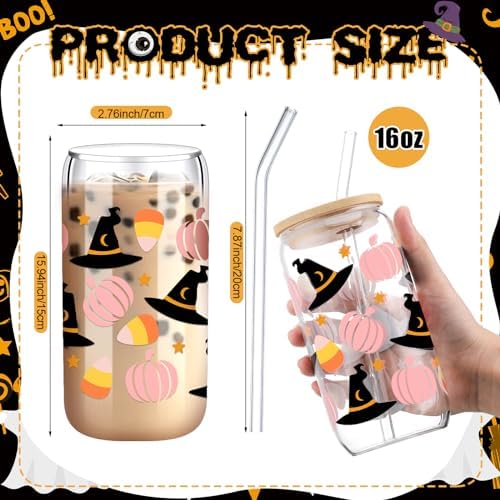6 Pcs Pink Ghost Halloween Glass Cups with Lids and Straws 16 oz - Image 3