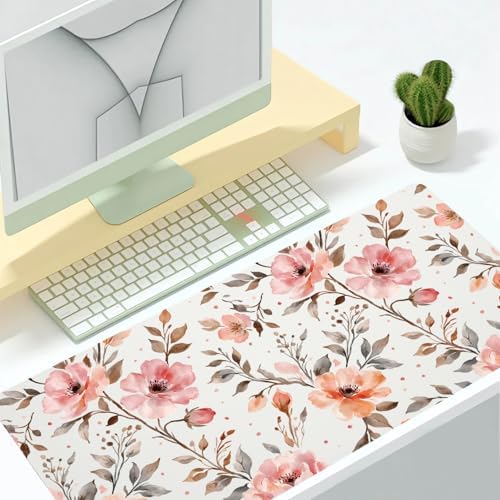 Pink Botanical Office Desk Mat 31.5" x 15.7" Desktop Mat PU Leather Large Mouse Pad White Mousepad Non-Slip Table Mat for Girls, Women, Home, Work, Computer, and Gaming - Image 2