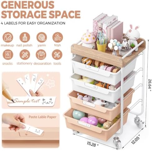 SYKIARIOL Rolling Craft Storage Cart with 4 Drawers,Kids Art Cart,Pearl - Image 2