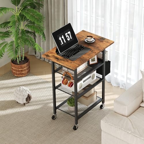 MAHANCRIS 4-Tier Printer Stand, Rolling Printer Table on Wheels, Industrial Storage Stand with Side Pocket, Wooden Tabletop, 2 S-Shaped Hooks, for Home Office, Rustic Brown and Black PTHR2601 - Image 5