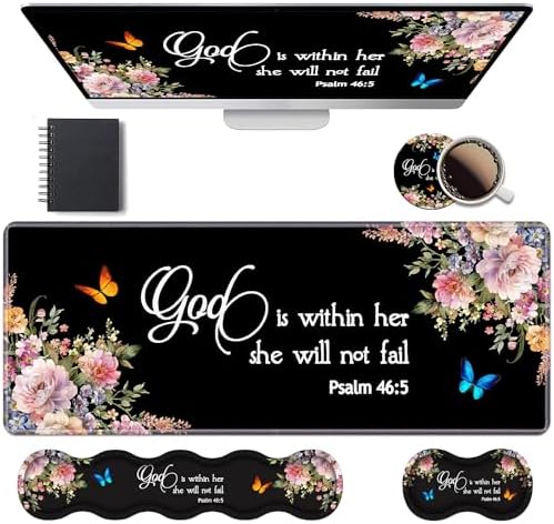 Ergonomic Keyboard Wrist Rest & Mouse Pad Wrist Rest Set, Large XXL Gaming Desk Mat 31.5"x 11.8" with Memory Foam, Easy Typing Pain Relief for Office & Home, Floral Quote Bible Verse Psalm 46:5 by Unknown