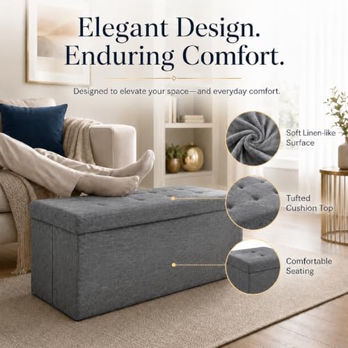 ALASDO 30 Inch Folding Storage Ottoman Bench with Hidden Storage, PU Leather Ottoman Foot Rest Stool, End of Bed Bench for Bedroom, Living Room, Entryway and Closet, Grey - Image 2