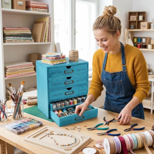Wesiti Wooden Desk Organizer, 5 Drawers, Vintage Makeup Cabinet, Blue - Image 6