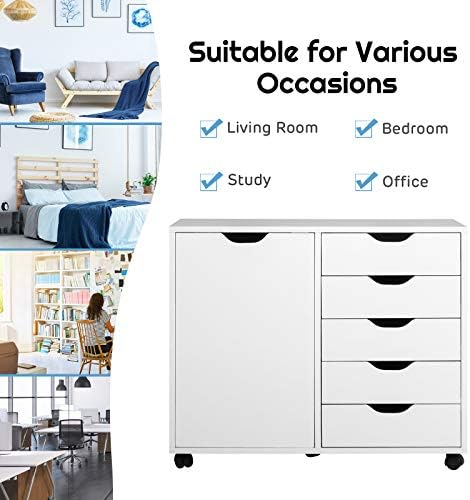 GIANTEX File Cabinet, Mobile Lateral Filing Cabinet with 5 Drawers &1 Door, Wheels, Rolling Storage Organizer for Home Office, Study Room (31”x 15.5” x 25.5”, White) - Image 4
