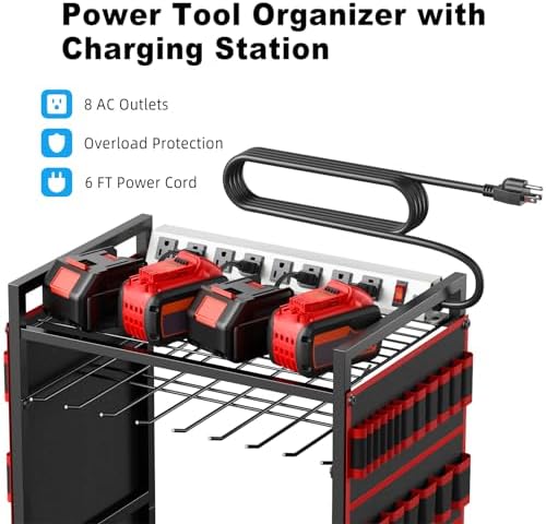 JUNNUJ Power Tool Organizer Cart with Charging Station, 6 FT Cord, Red - Image 2