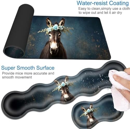 Desk Mat, Mouse Pad with Wrist Rest, 4-in-1 Large Mouse Pads for Desk, Ergonomic Mouse Pad and Keyboard Wrist Rest Gaming Keyboard Mat for Office,Donkey with Flower Crown - Image 3