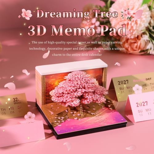 3D Memo Pad Time Piece Calendar 2027, 3D Tear-Off Art Desk Calendar 2027, Creative 3D Memo Pad Paper Art Tree House DIY Paper Carving Decoration (Cherry Blossom Tree) - Image 5