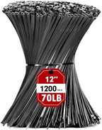 Zip Ties, RAZCC 1200pcs Black Cable Zip Ties 12 Inch, Heavy Duty Plastic Wire Ties with 70lb Tensile Strength, Self-Locking Black Nylon Tie Wraps for Indoor and Outdoor by RAZCC