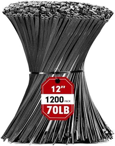 Zip Ties, RAZCC 1200pcs Black Cable Zip Ties 12 Inch, Heavy Duty Plastic Wire Ties with 70lb Tensile Strength, Self-Locking Black Nylon Tie Wraps for Indoor and Outdoor by RAZCC