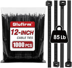 Zip Ties Heavy Duty 12 inch (1000 Pack), Double-sided Toothed, 85 lb, Delivering 1.7X Tensile Strength in the Same Specs, Black Cable Ties, Glufirm by Unknown
