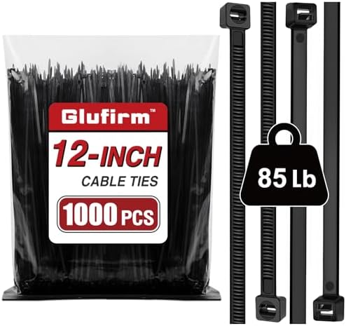 Zip Ties Heavy Duty 12 inch (1000 Pack), Double-sided Toothed, 85 lb, Delivering 1.7X Tensile Strength in the Same Specs, Black Cable Ties, Glufirm by Unknown