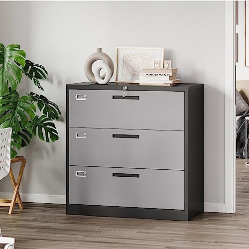 Letaya File Cabinet with Lock-Lateral 3 Drawer Metal Filing Cabinets-Organization Storage for Home Office-Hanging Letter/Legal/F4/A4 Size (Grey Black) - Image 2