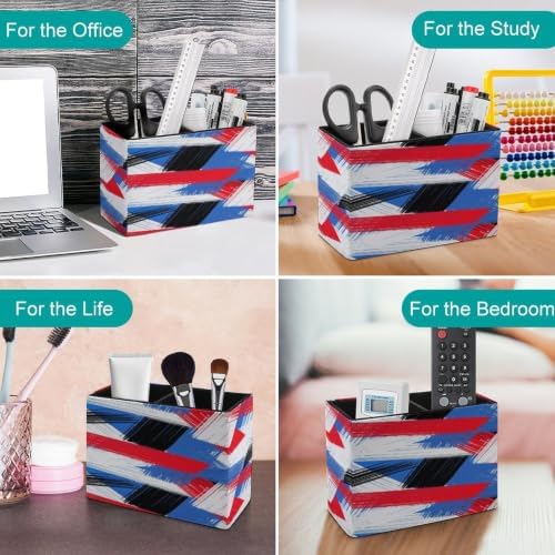 PU Leather Multi-Compartment Pen Holder Desktop Organizer Pencil Cup Storage Caddy for Office Home Supplies Bold Plaid Pattern with Wide Brushstrokes And Thin Stripes Hand Painted - Image 4