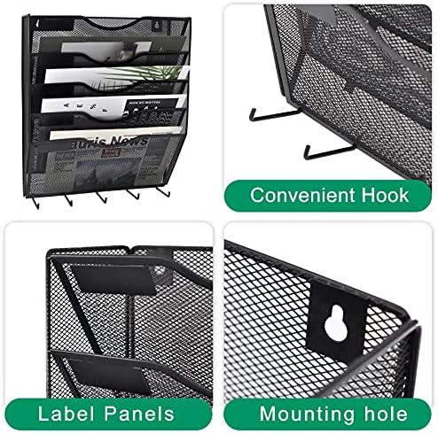 EASEPRES 5 Pocket Mesh Hanging File Organizer with Key Holder Hooks & Nametag Label, Wall Mounted Mail Paper Document Folder Clipboard Storage Organization Magazine Rack for Office Cubicle, Black - Image 4
