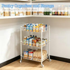 Kitchen Storage Cart for Fruit Vegetable 3 Tier Utility Cart with Wheels, White Rolling Pantry Floor Organizer Onion Potato Storage, Metal Wire Basket Stand Snack Shelf Home Organization - Image 3