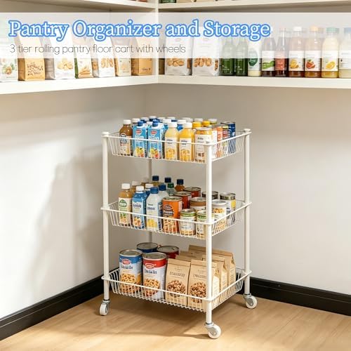 Kitchen Storage Cart for Fruit Vegetable 3 Tier Utility Cart with Wheels, White Rolling Pantry Floor Organizer Onion Potato Storage, Metal Wire Basket Stand Snack Shelf Home Organization - Image 3