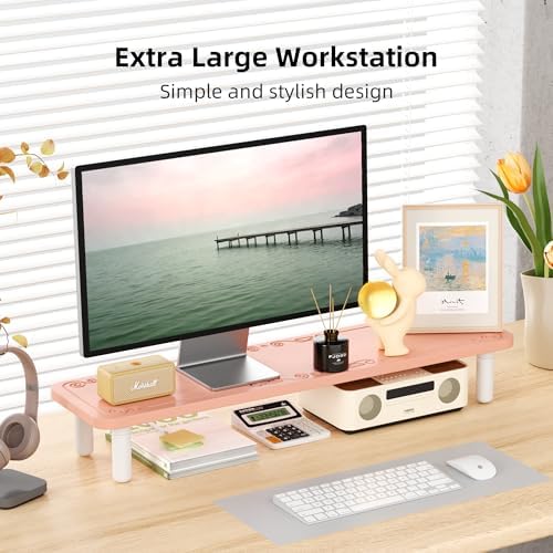 AFOOYO 31.5 Inch Adjustable Monitor Stand Riser, Dual Monitor Stand for Desk, 3 Height Adjustable Computer Stand with Storage, Sturdy Laptop Riser for PC, Laptop, Printer, TV, Pink - Image 4
