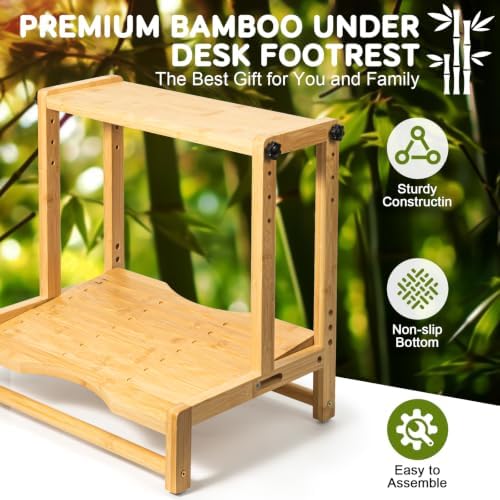 Two-Tier Bamboo Desk Footrest, Adjustable Ergonomic Leg Rest with Cushion - Image 7