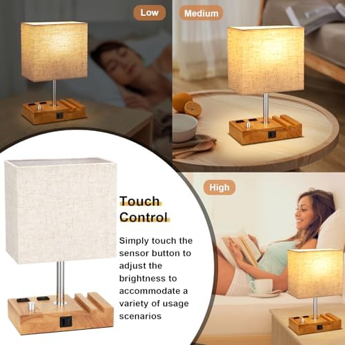 Wood Grain Table Lamp for Bedroom, Stepless Dimmable, USB C+A, 2 AC Outlets - Image 5