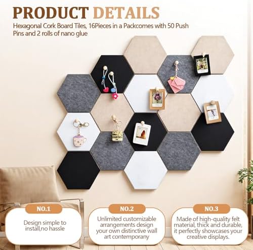 12x10 in 16 Pcs Hexagon Cork Board Tiles, Felt Pin Boards, Classic - Image 3