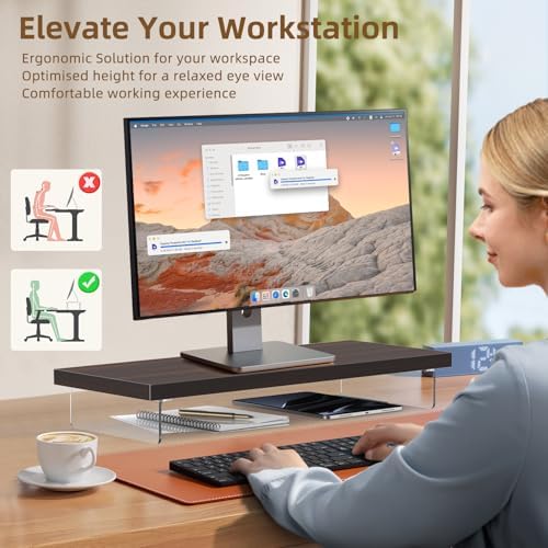 Monitor Stand Riser, 25x10 in Wood & Acrylic Computer Desk Organizer Shelf - Image 6