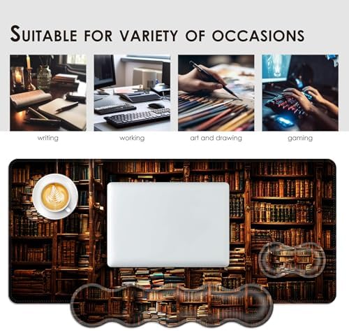 Large Keyboard Mouse Pad Set, Extended Mouse Pad+Keyboard Wrist Rest Support, Memory Foam Ergonomic Easy Typing, 4Pcs (31.5×11.8 in) Desk Pad Set for Office Home,Vintage Books on Bookshelf - Image 7